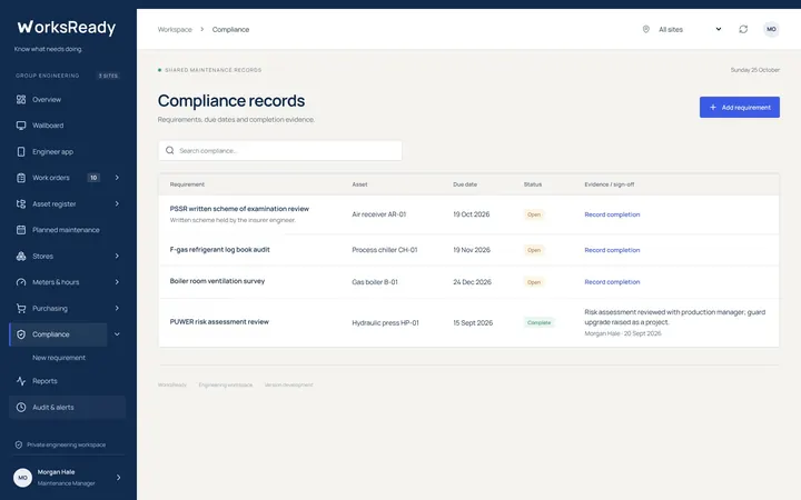 Compliance records screen from the WorksReady demo workspace