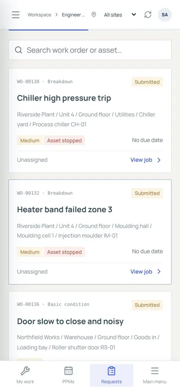 Work requests on a phone screen from the WorksReady demo workspace