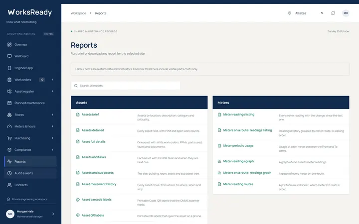 Report library screen from the WorksReady demo workspace
